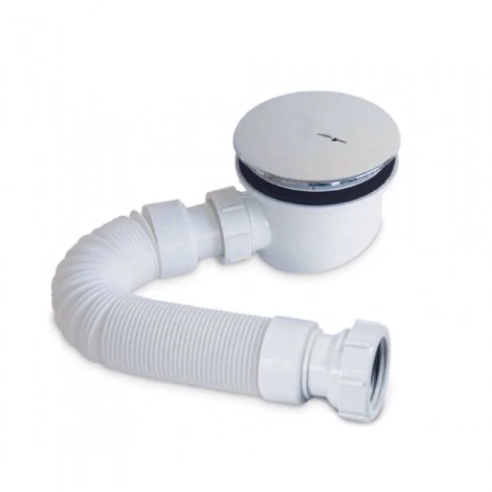 Drain trap with a flexible pipe and a round chrome cover for a sink.