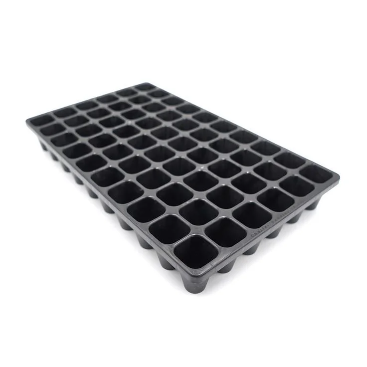 Black plastic seedling tray with multiple square compartments for small plants, isolated on white background.