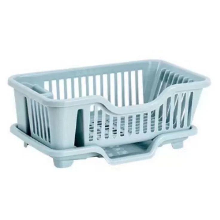 Light blue plastic dish drying rack with vertical slats, designed to hold dishes and utensils.