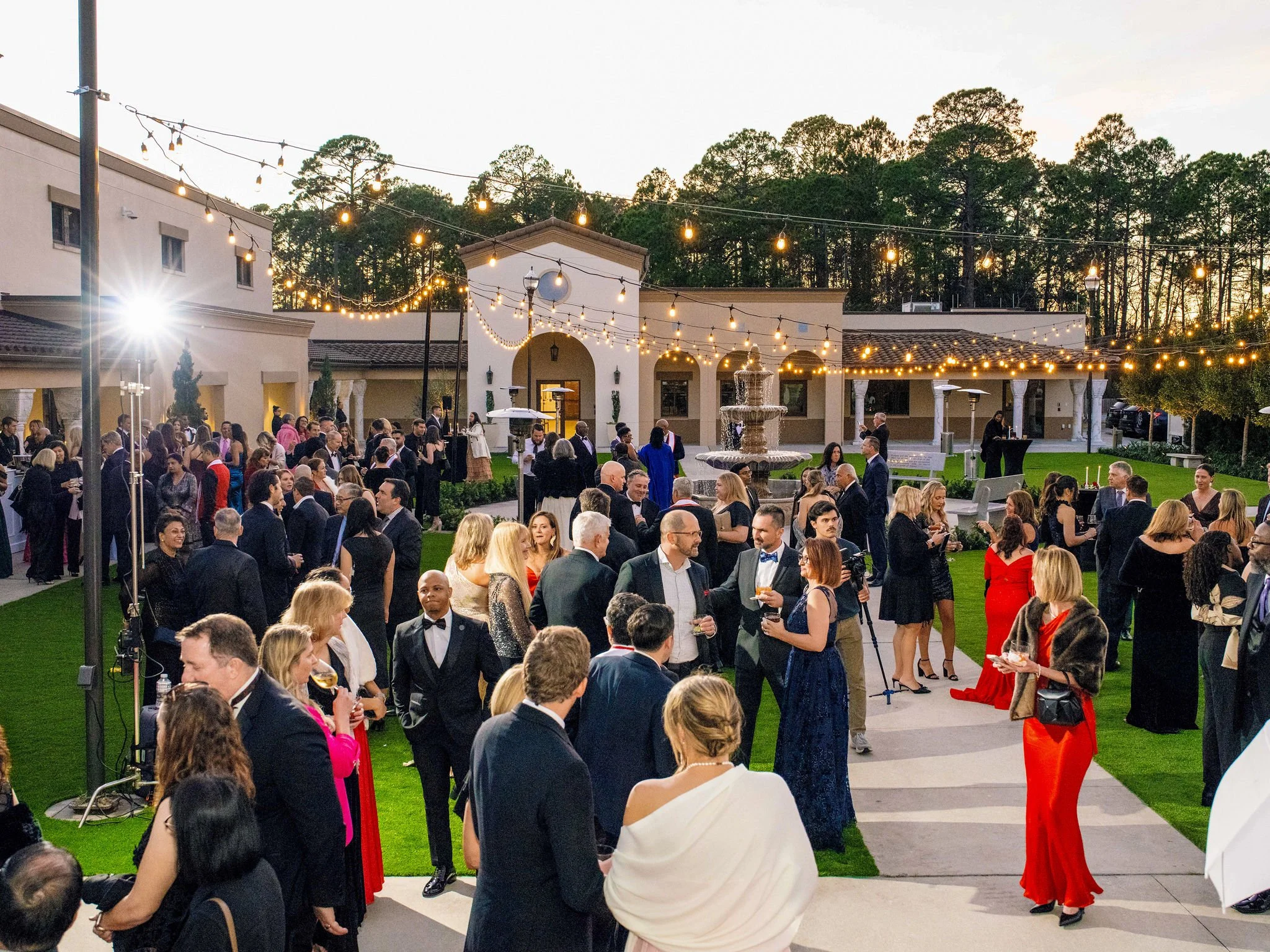 Gala guests mingling on a lawn at dusk under string lights
