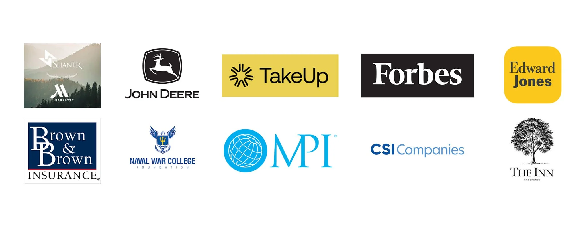 Collection of logos from various companies including Marriott, John Deere, TakeUp, Forbes, Edward Jones, Brown & Brown Insurance, Naval War College Foundation, MPI, CSI Companies, and The Inn at Serenbe.