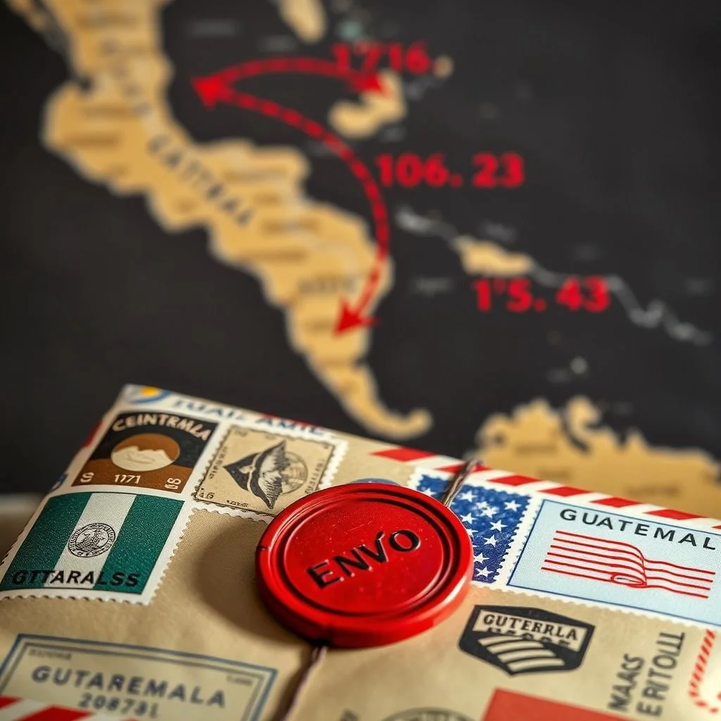 Paquete de envío con sello rojo que dice 'Envió', decorado con estampillas y banderas, sobre fondo de mapa de América Central, incluyendo costas de Guatemala y Honduras, con rutas marcadas y coordenadas en rojo.