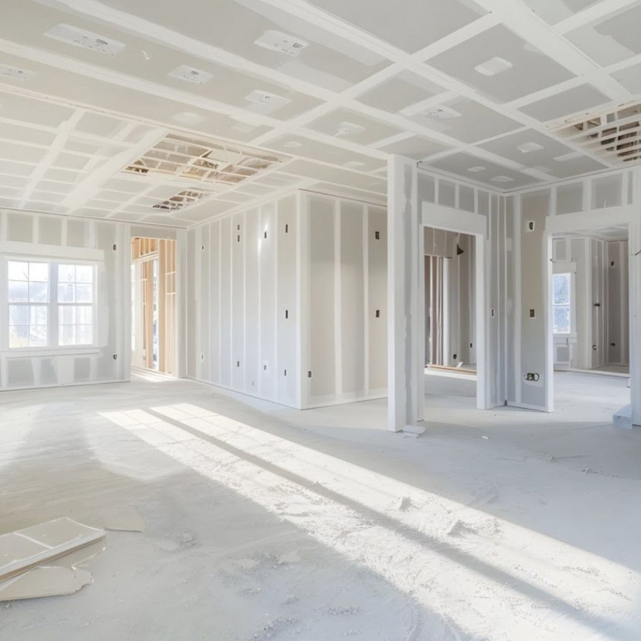 Interior of a house under construction with unfinished drywall, exposed ceiling framing, and construction debris on the floor.