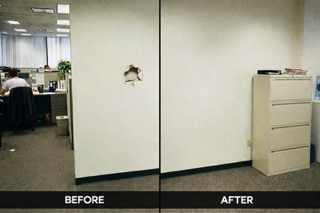 Before and after commercial office wall drywall repair in Weddington NC showing damaged workspace wall restored to smooth painted finish