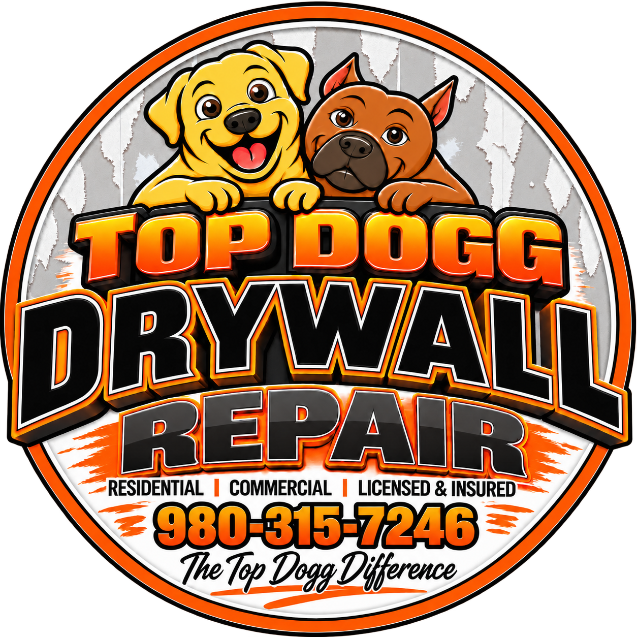 Decorative logo for Top Dogg Drywall Repair featuring cartoon images of a smiling yellow dog and a brown dog, with bold text highlighting services and contact number.