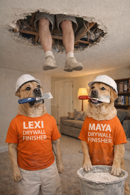 Top Dogg Drywall Repair team Lexi and Maya handling ceiling drywall repair in Waxhaw NC while technician works above for residential home restoration