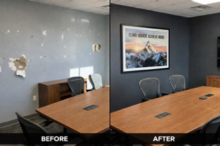 Before and after commercial conference room drywall repair in Monroe NC showing damaged office wall restored to smooth painted finish