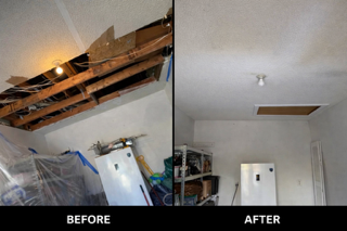 Before and after residential ceiling drywall repair in Monroe NC showing damaged ceiling restored to smooth painted finish