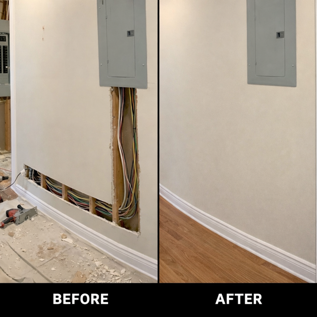 Drywall patch and paint repair in Marvin NC after electrical work – wall cut open for wire feeds to main service panel professionally repaired and finished smooth