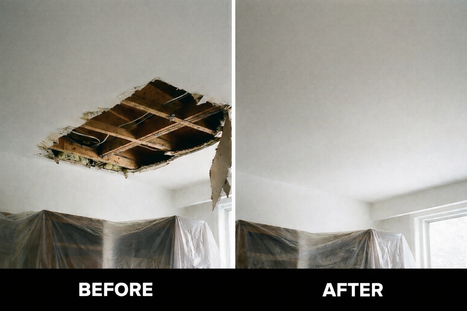 Before and after ceiling drywall repair in Indian Trail, NC showing damaged ceiling hole patched, finished, and paint matched by Top Dogg Drywall Repair.