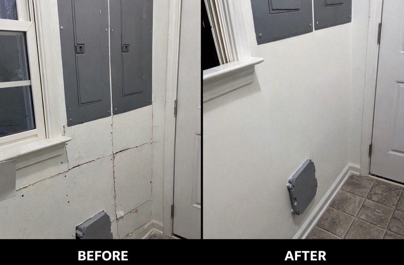 Side-by-side comparison of a wall before and after repair. The problem side shows cracked and damaged drywall with two gray electrical panels, a window, and a door. The repaired side shows a smooth, painted wall with the same electrical panels, window, and door.