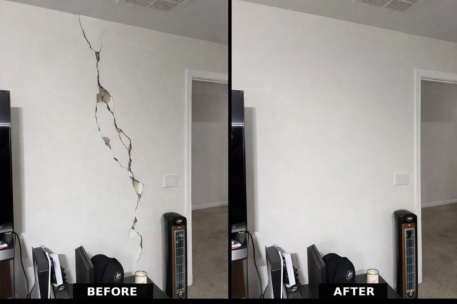 Before and after wall drywall crack repair in Matthews NC showing large structural wall crack restored to smooth painted finish