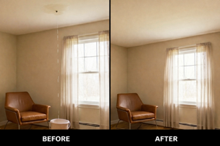 Before and after ceiling water damage drywall repair in Monroe NC showing damaged residential ceiling restored to smooth painted finish