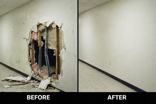Before and after commercial wall drywall repair in Matthews NC showing damaged office wall restored to smooth painted finish