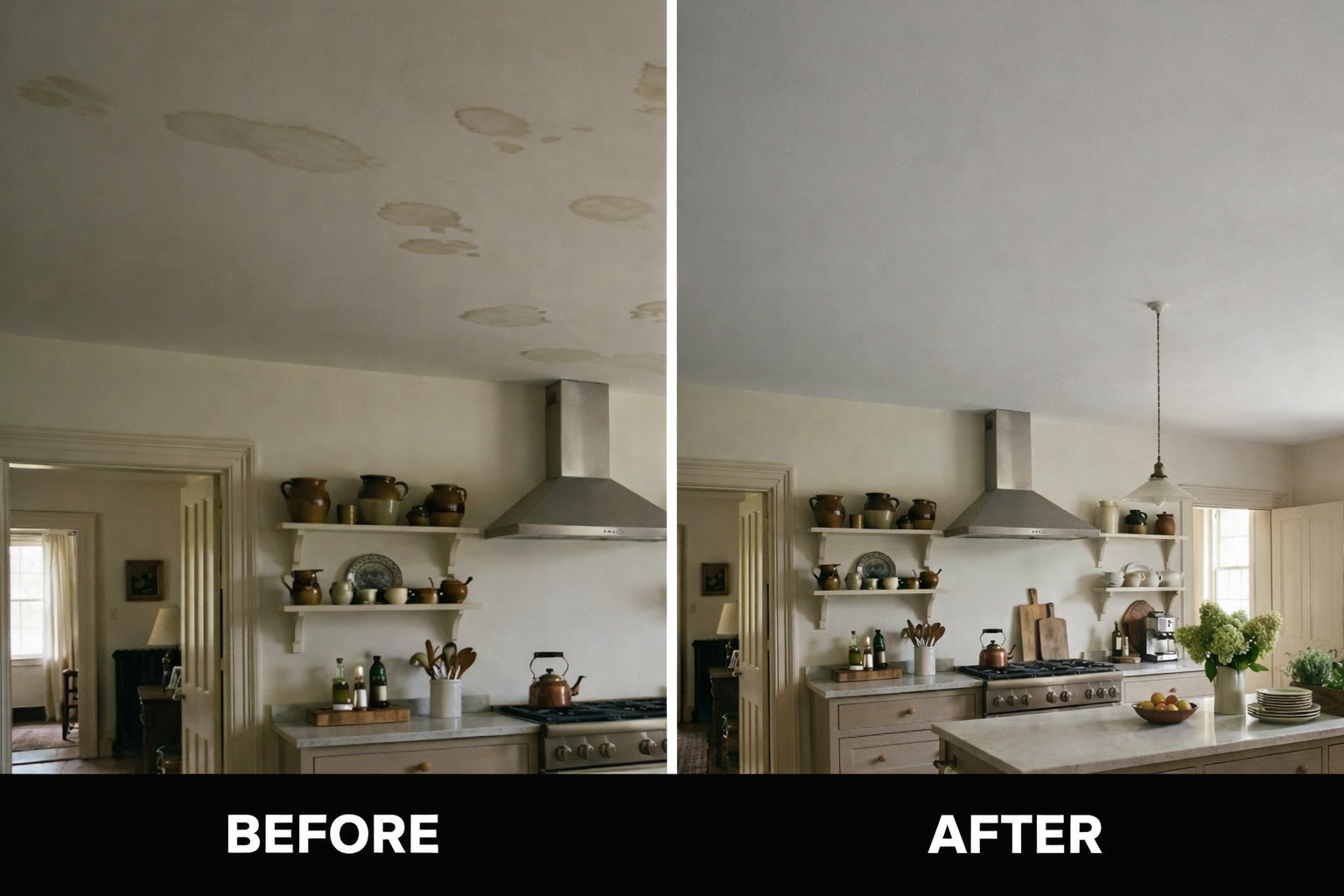 Weddington, NC ceiling drywall repair before and after-water stain damage from roof leak repaired, sheetrock treated, and entire ceiling painted by Top Dogg Drywall Repair.