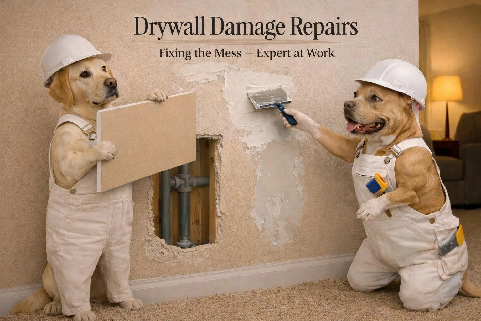 Drywall damage repair in Waxhaw NC by Top Dogg Drywall Repair featuring Lexi and Maya fixing residential wall damage