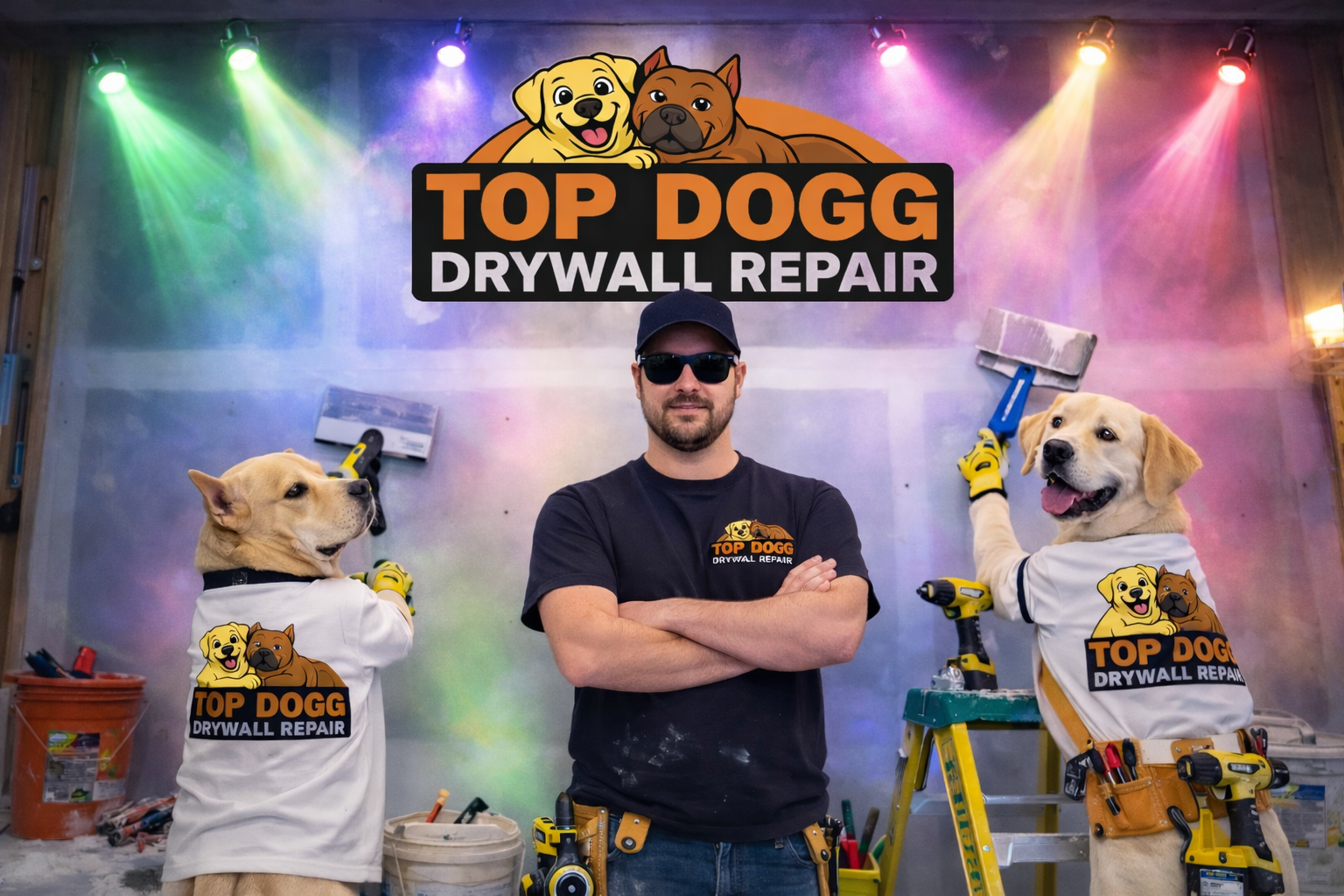 Top Dogg Drywall repair in Waxhaw, NC featuring drywall finishing crew with Lexi and Maya on job site