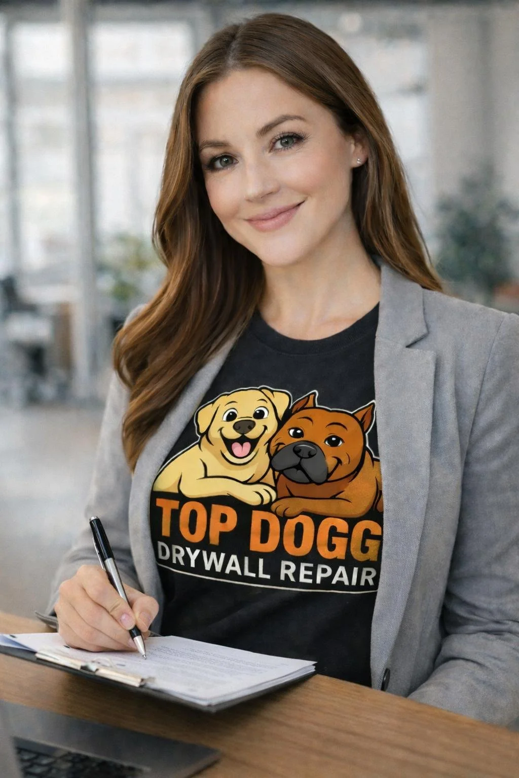 A woman with long brown hair smiling while sitting at a desk, wearing a black T-shirt with graphics of two dogs and the text 'Top Dogg Drywall Repair,' and a grey blazer. She is holding a pen and appears to be writing on a notepad, in an office setting with large windows in the background.