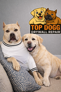 Top Dogg Drywall Repair mascots Lexi and Maya promoting local professional drywall repair services in Waxhaw NC
