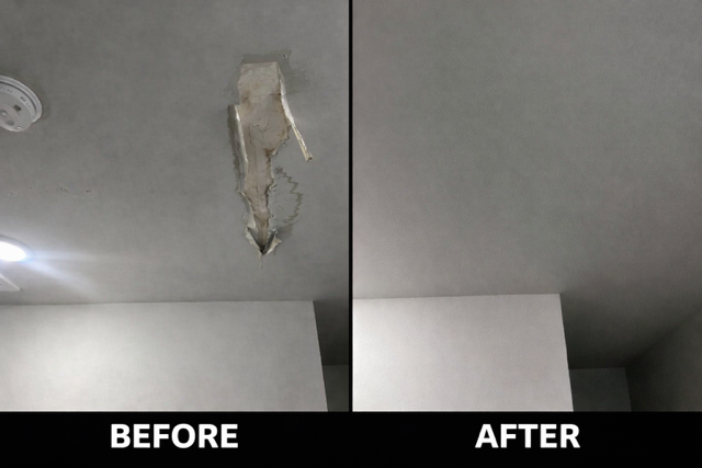 Residential ceiling drywall repair in Waxhaw NC before and after – roof leak damage patched and ceiling professionally restored smooth