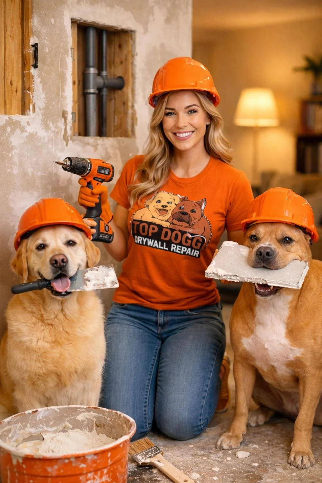 Top Dogg Drywall Repair team providing professional drywall repair services in Waxhaw NC with owner and mascot dogs on job site