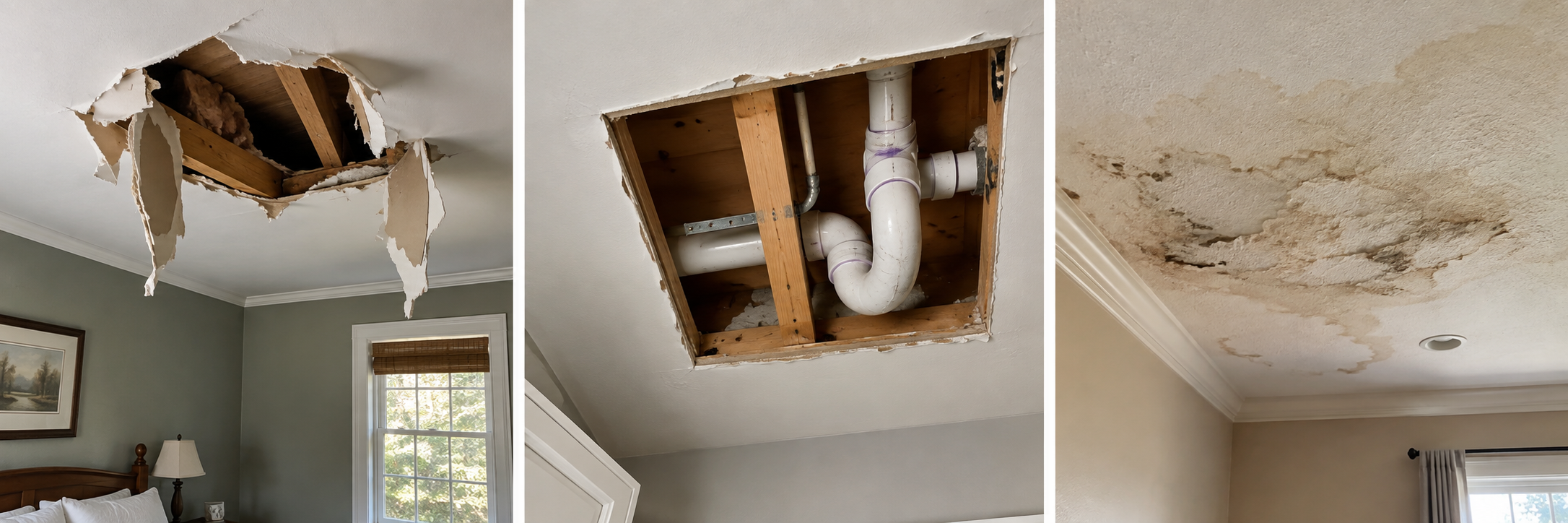 Three side-by-side images showing ceiling damage. The first image shows a room with a large, irregular hole in the ceiling with exposed wood beams and insulation. The second image shows a ceiling with an open section revealing pipes and plumbing inside the attic space. The third image shows a ceiling with water stains and peeling paint.