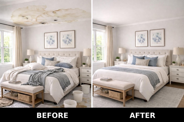 Before and after ceiling water damage drywall repair in Matthews NC showing stained bedroom ceiling restored to smooth painted finish