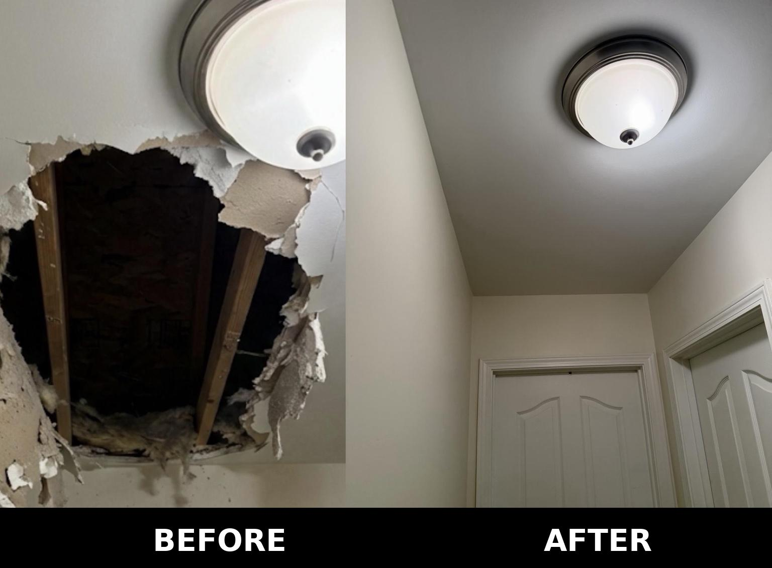 Side-by-side before and after photos of a ceiling. The left shows a ceiling with a hole and exposed wooden beams, while the right shows a repaired ceiling with a mounted light fixture and smooth, painted surface.