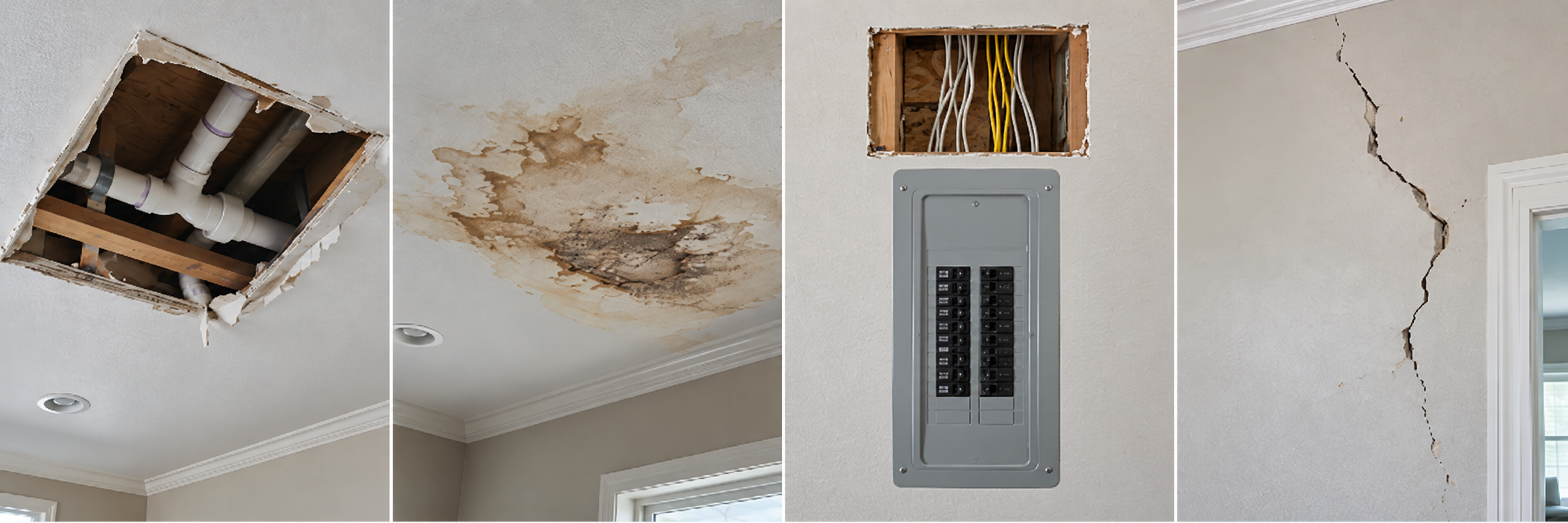 Sequence showing water damage and cracks in a ceiling and wall, with an open ceiling panel exposing plumbing and electrical wiring, and an electrical panel with a cut in the wall above it.
