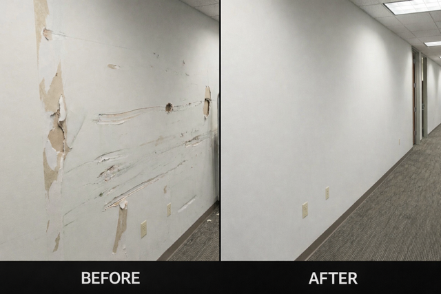 Before and after commercial hallway wall drywall repair in Indian Trail NC showing damaged office wall restored to smooth painted finish