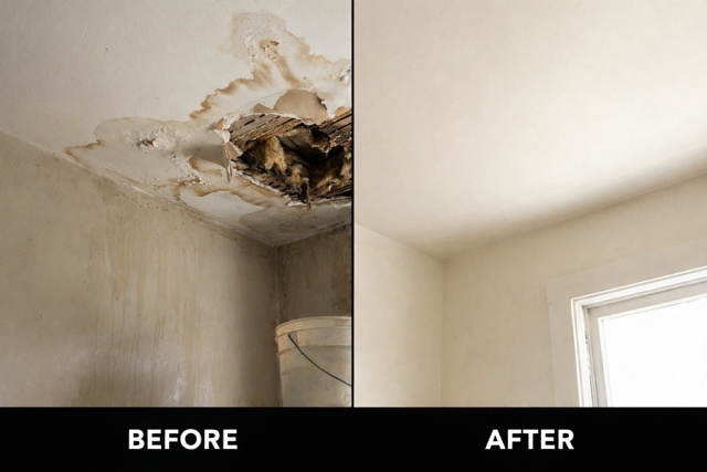 Before and after ceiling water leak drywall repair in Waxhaw NC showing damaged ceiling restored to smooth painted finish