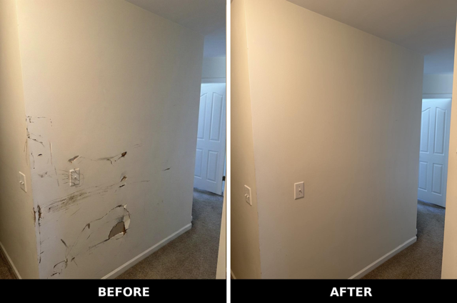 Drywall wall repair before and after in Indian Trail NC after tenant move-out – damaged walls patched and finished smooth to prep home for new seller listing
