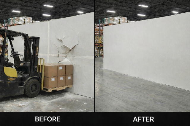 Before and after commercial warehouse wall drywall repair in Matthews NC showing forklift damage restored to smooth painted finish