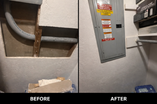 Drywall patch repair before and after in Indian Trail NC after electrician ran cable to main service panel during solar install – residential wall professionally repaired and finished smooth