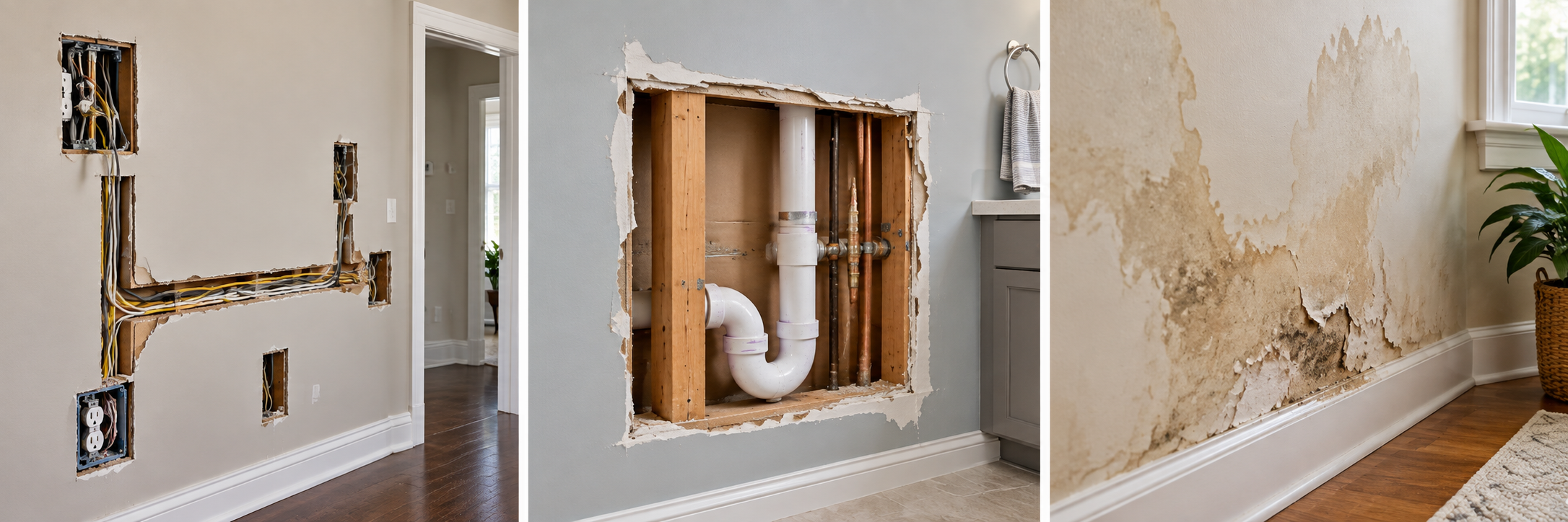 Three different walls with damage and remodeling in progress. The first wall shows open electrical wiring and outlets, the second wall exposes plumbing pipes behind a large cut-out, and the third wall has peeling paint or wallpaper with discolored patches.
