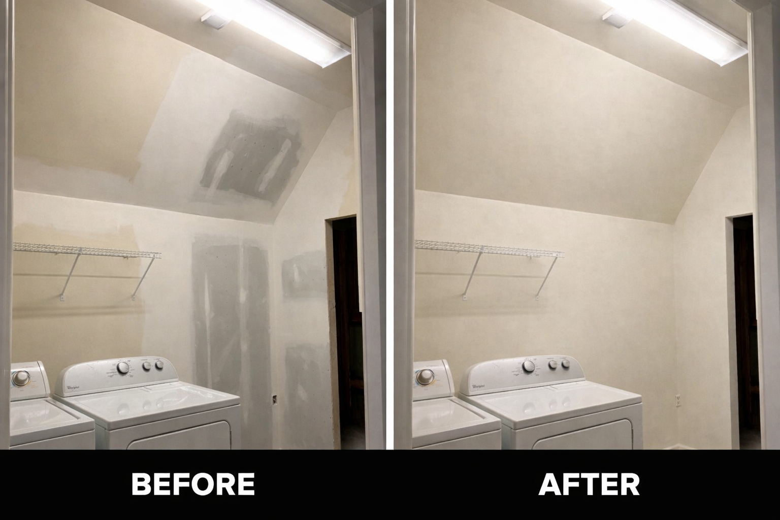 Before and after drywall repair and painting in Indian Trail, NC showing laundry room expansion after doorway relocation, completed by Top Dogg Drywall Repair including wall patching, ceiling repair, and full interior paint finish.