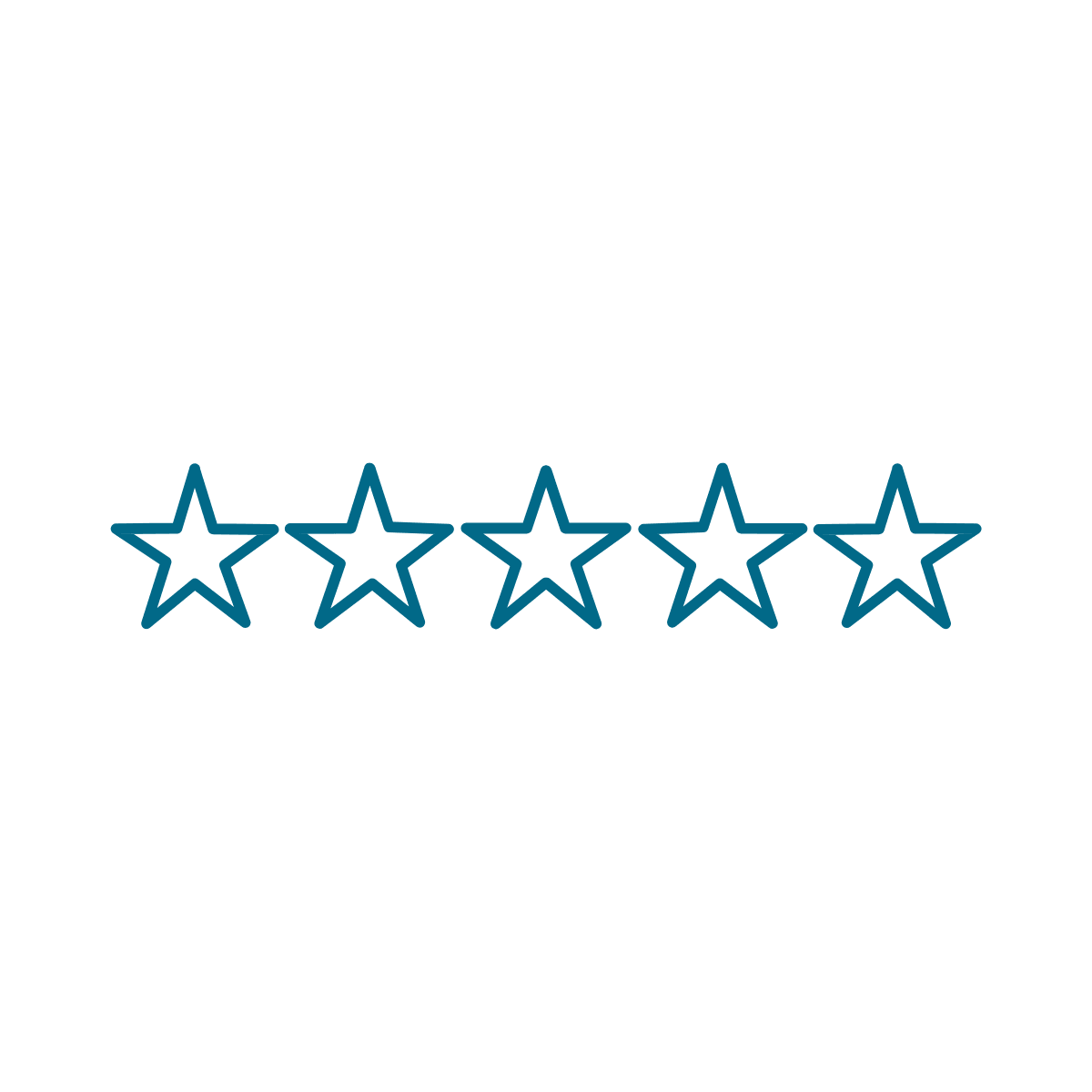 A digital image with five outlined blue stars in a row, below a five-star rating graphic, and text indicating a five-star review for a service or product.