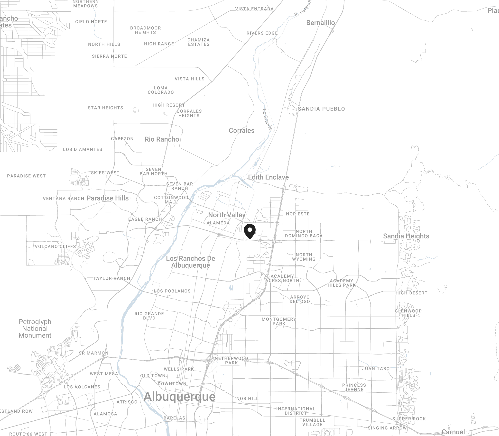 Map of Albuquerque, New Mexico, showing neighborhoods, streets, the Rio Grande river, and surrounding areas with minimal detail.
