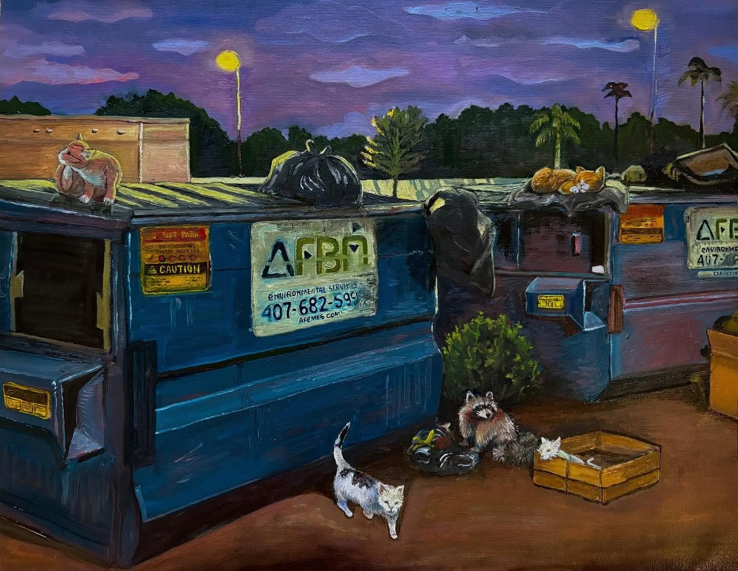 &ldquo;Riffraff and Streetlights&rdquo; 14x18 Oil on Canvas
Freshly finished. Gonna thrift a ratty frame and mat it after it dries (: 🐈🐈🦝🐈&zwj;⬛🐈