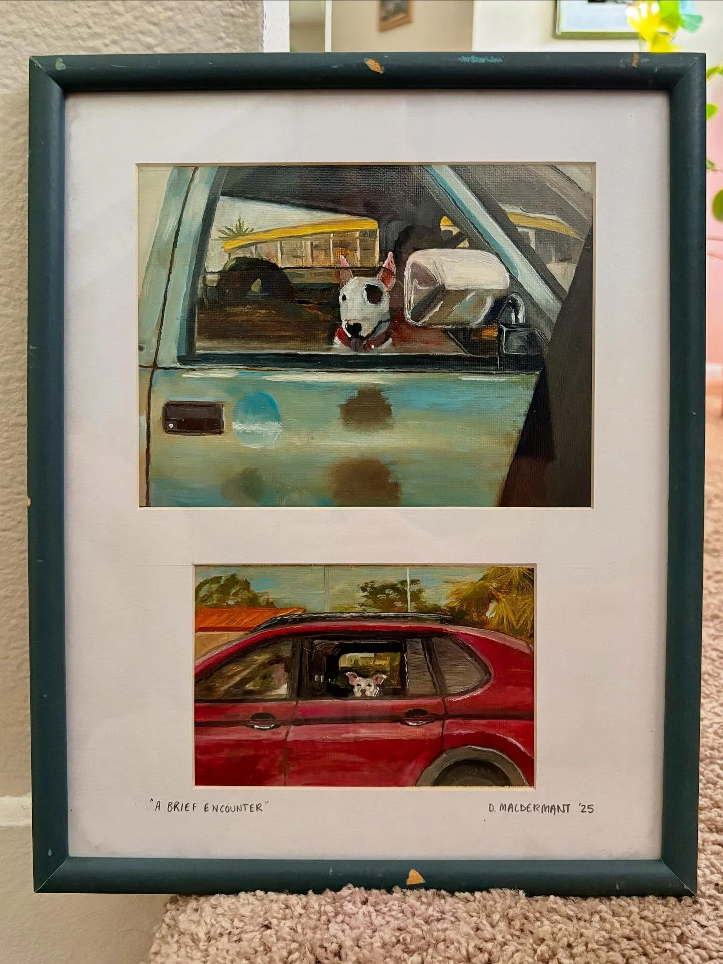 Finally matted and framed this 2 part piece.
&ldquo;A Brief Encounter&rdquo; Oil on Canvas
Thrifted frame, which I personally like the look of, but lmk if you think I should try and fix it up some.
