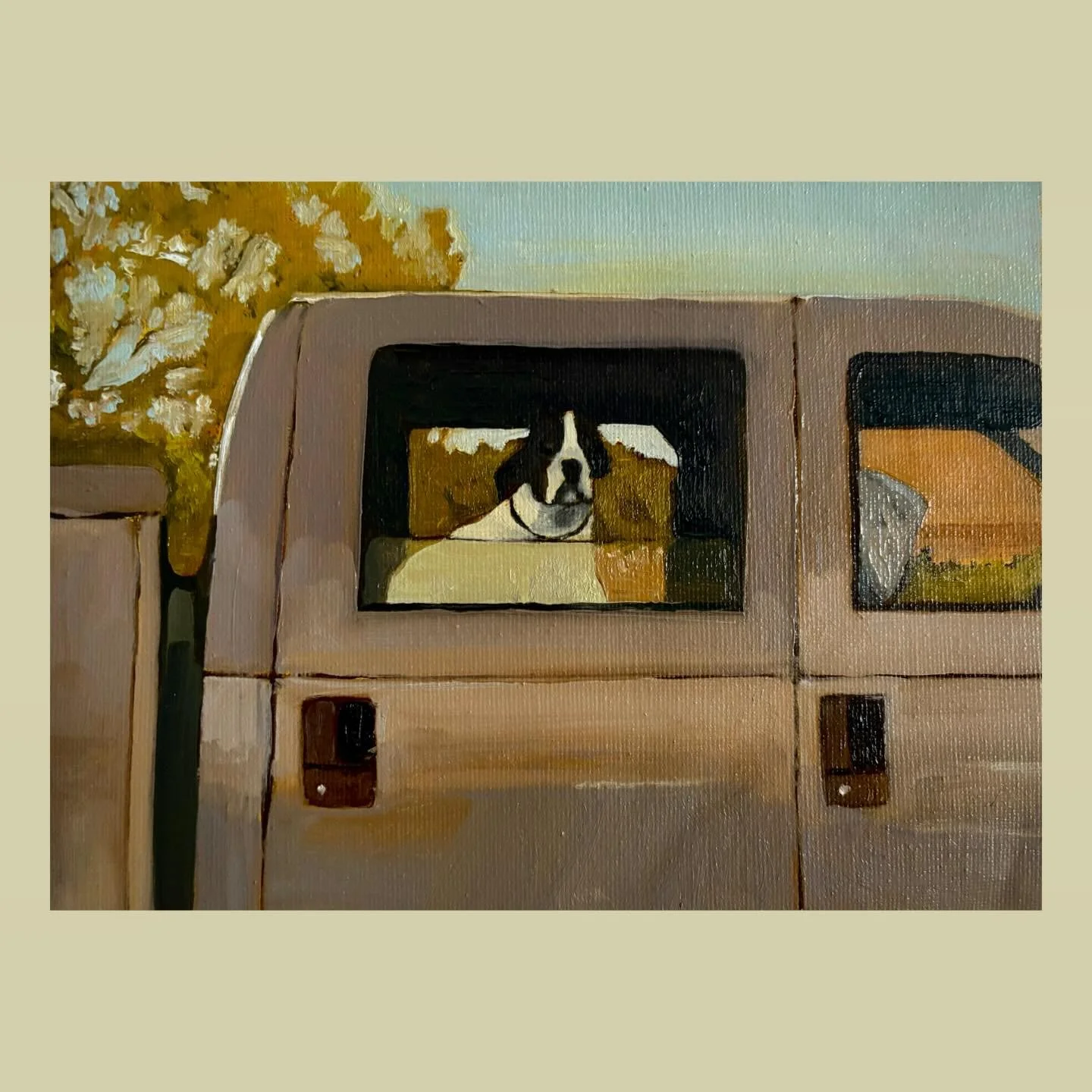 Shout out to this guy&hellip; it&rsquo;s giving Rudy. Rudy is a happy dog, but experiences that back seat longing we all get once in a while. He was quick and easy to paint which means he has soul. 1 of 2 paintings I&rsquo;ll be framing together for 