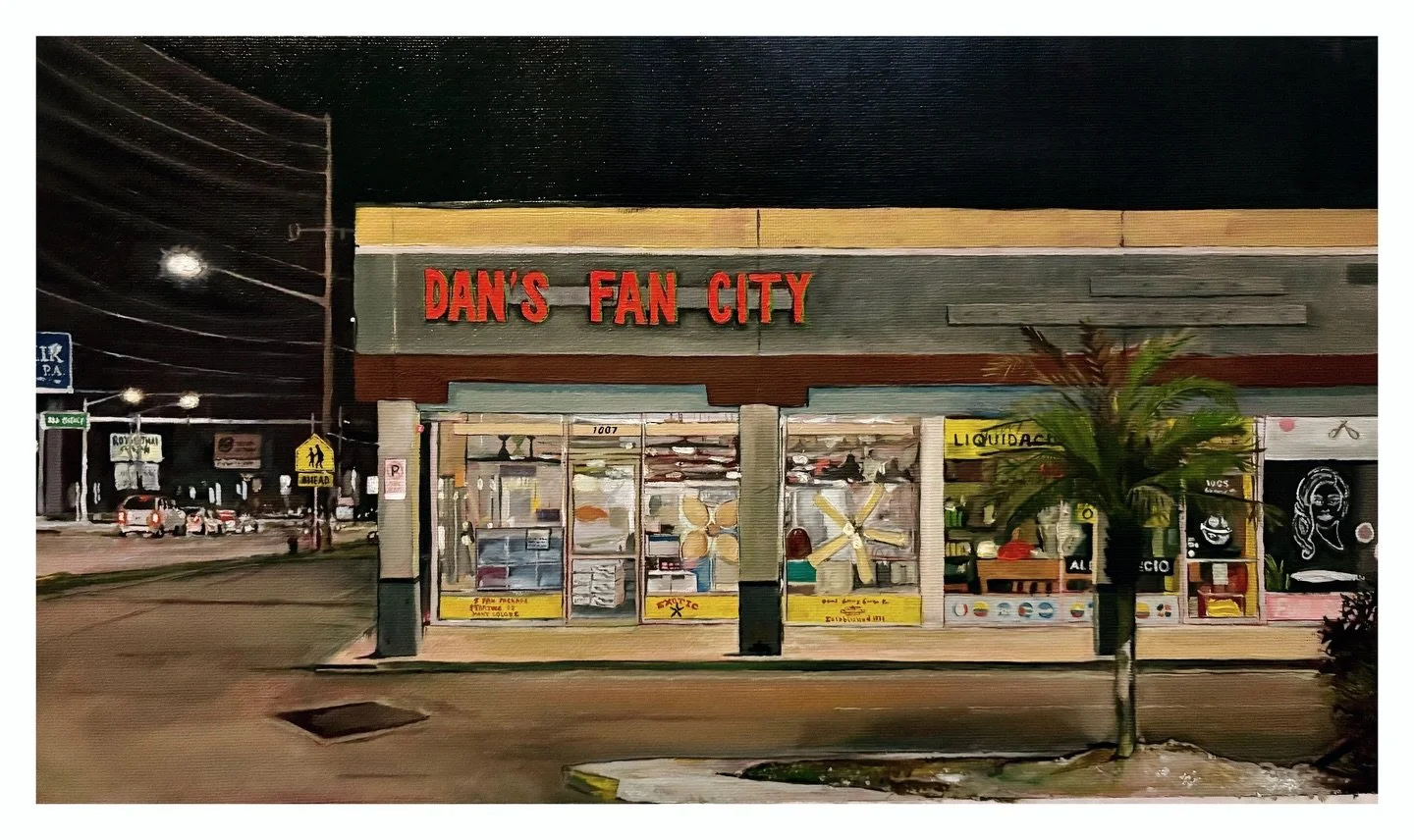 Revisited &ldquo;Dan&rsquo;s Fan City&rdquo; - fixed some things and finished adding some details. I don&rsquo;t totally know why I painted this - there&rsquo;s nothing really to hold on to&hellip; I just find the building charming with its bright re