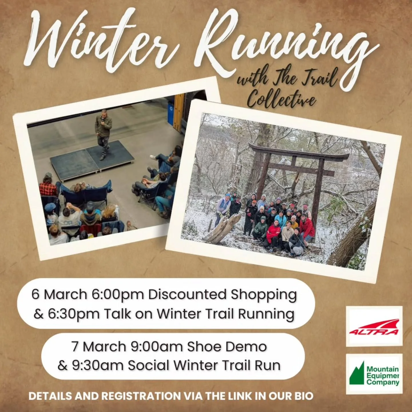 Winter trail adventures are not yet over!

On Friday March 6, MEC will host the Trail Collective and Altra at their downtown store (300 Queen St W, Toronto). Come enjoy some discounted shopping, a talk on all things needed to make winter running more