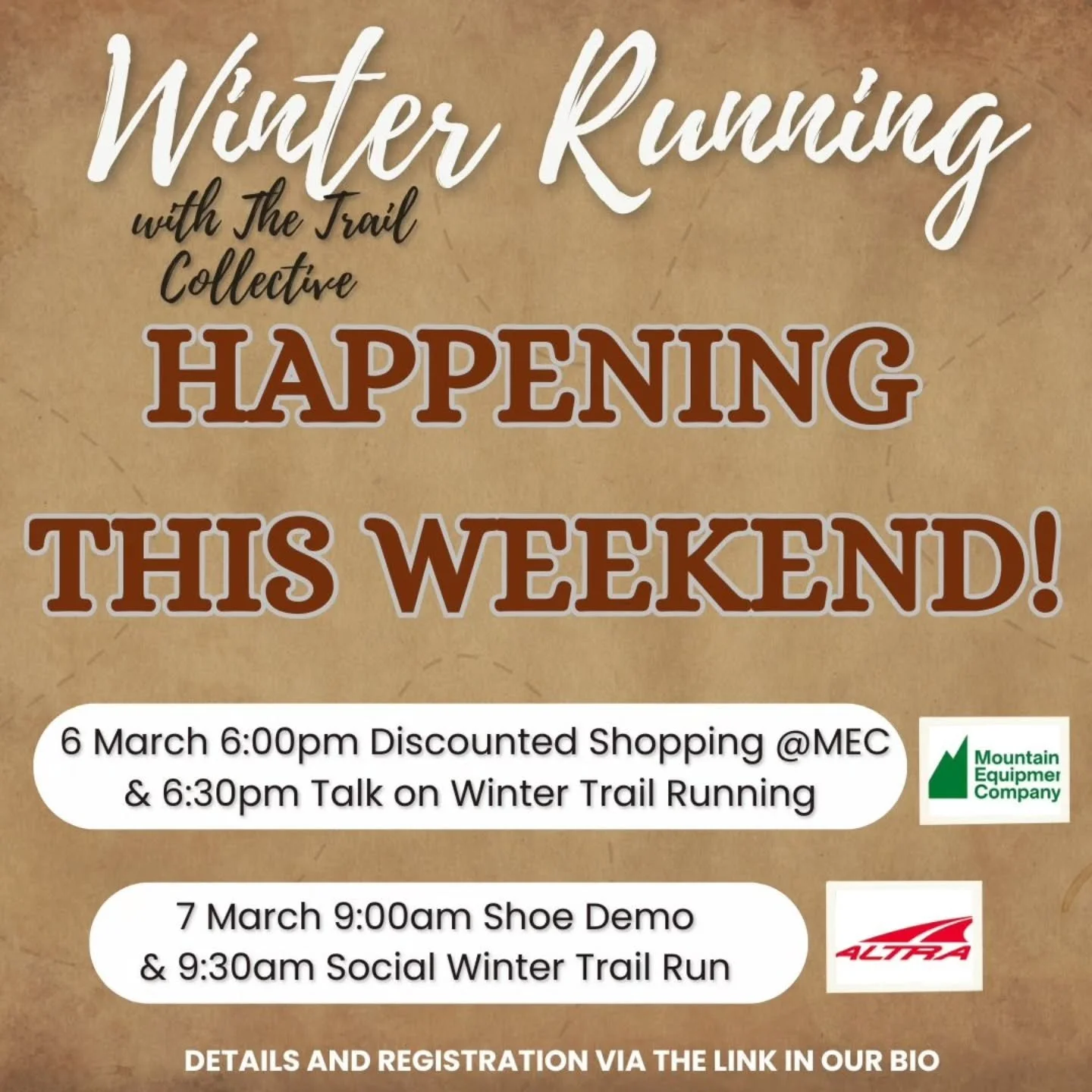 Don't forget to register for our Friday and Saturday events! 

On Friday March 6, MEC will host the Trail Collective and Altra at their downtown store (300 Queen St W, Toronto). Come enjoy some discounted shopping, a talk on all things needed to make