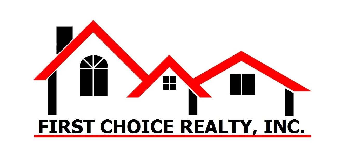 Logo with three stylized house rooftops in red and black, with text FIRST CHOICE REALTY, INC. underneath.