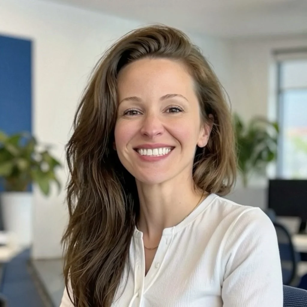 Woman with long brown hair, smiling, with a white shirt on, and is sitting in an office setting