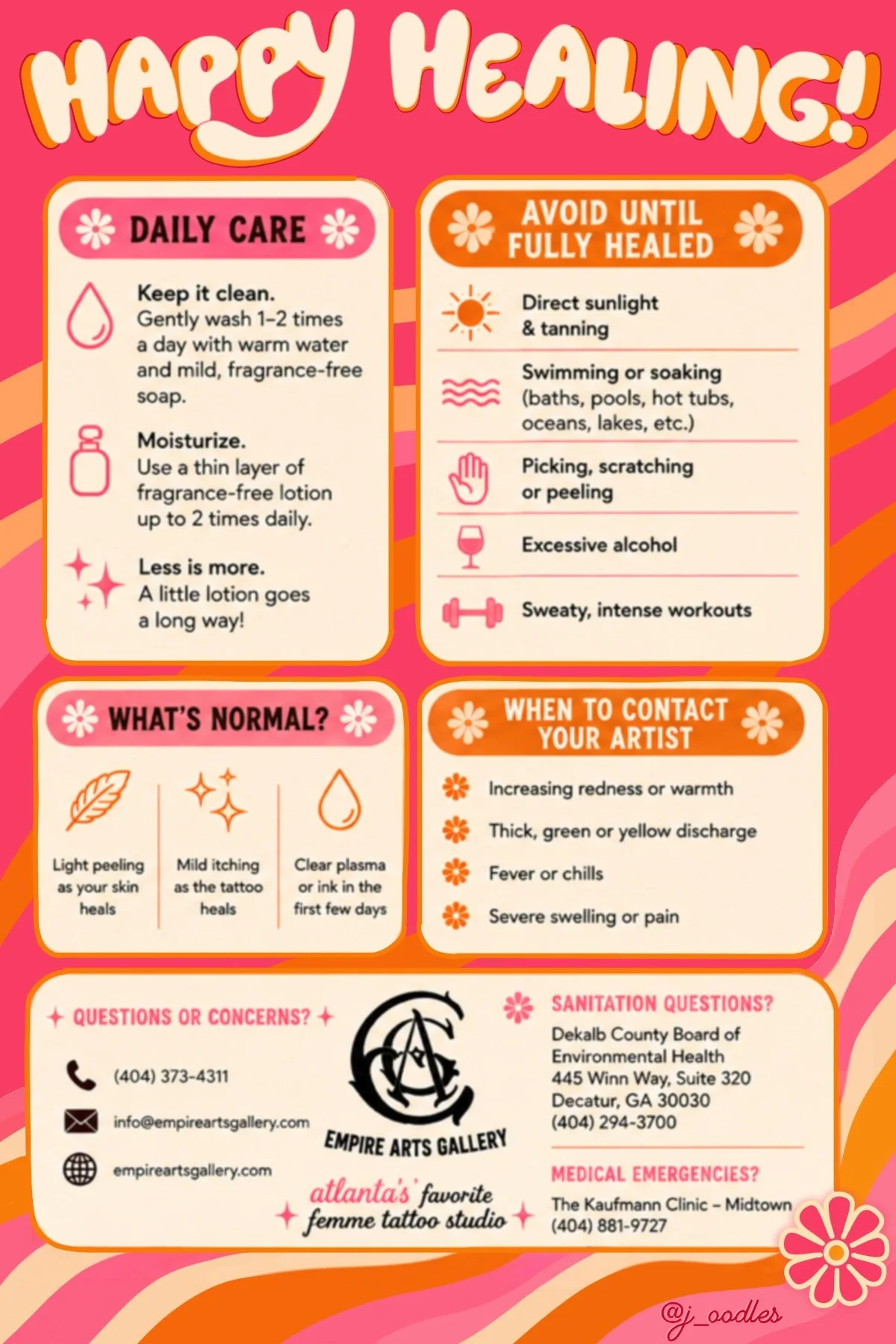 A colorful infographic titled 'Happy Healing' with sections on daily care, what is normal, when to contact your artist, questions or concerns, and contact information for Empire Arts Gallery in Atlanta. The infographic provides tips on skin care, signs of infection, and contact details for health emergencies.