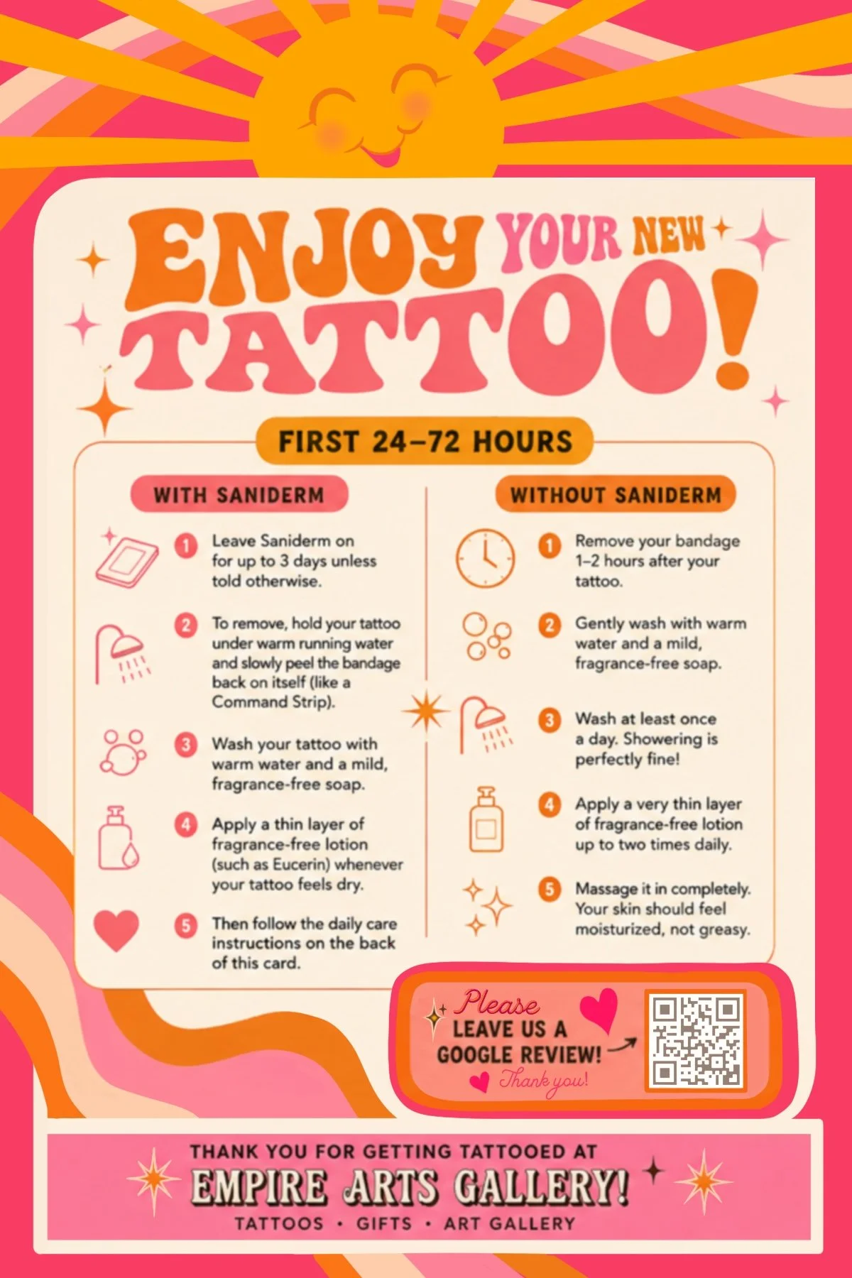 Guide on tattoo aftercare with instructions for the first 24 to 72 hours, including tips for tattoo removal with and without Saniderm, illustrated with icons of a bandage, showerhead, soap dispenser, heart, and stars, on a vibrant pink and orange background.