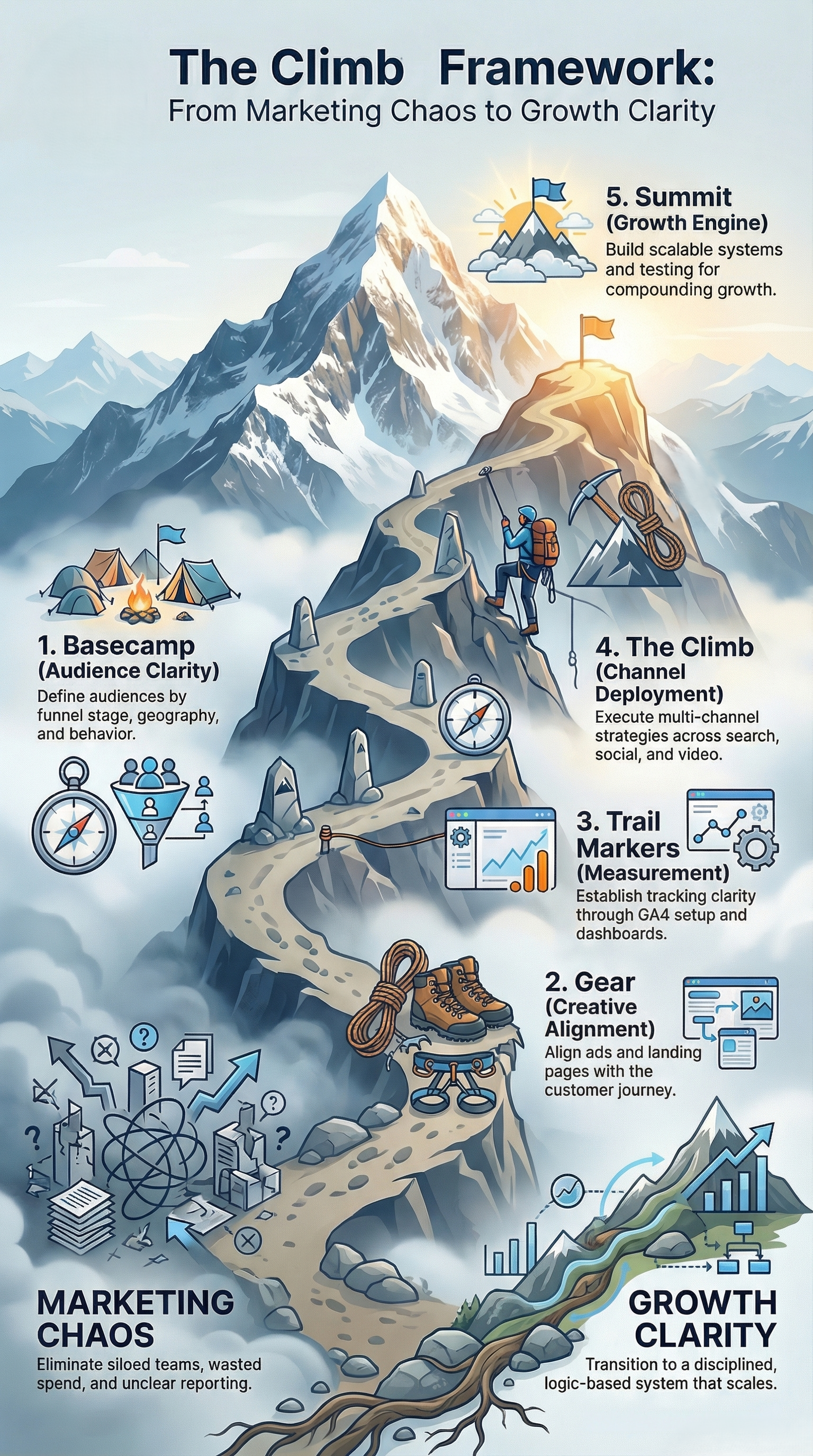 An illustration of a mountain-climbing metaphor for the marketing process, showing five steps from basecamp to summit. The steps include Basecamp (Audience Clarity), Gear (Creative Alignment), Trail Markers (Measurement), The Climb (Channel Deployment), and Summit (Growth Engine). The image emphasizes transitioning from marketing chaos to growth clarity with associated icons and descriptions.