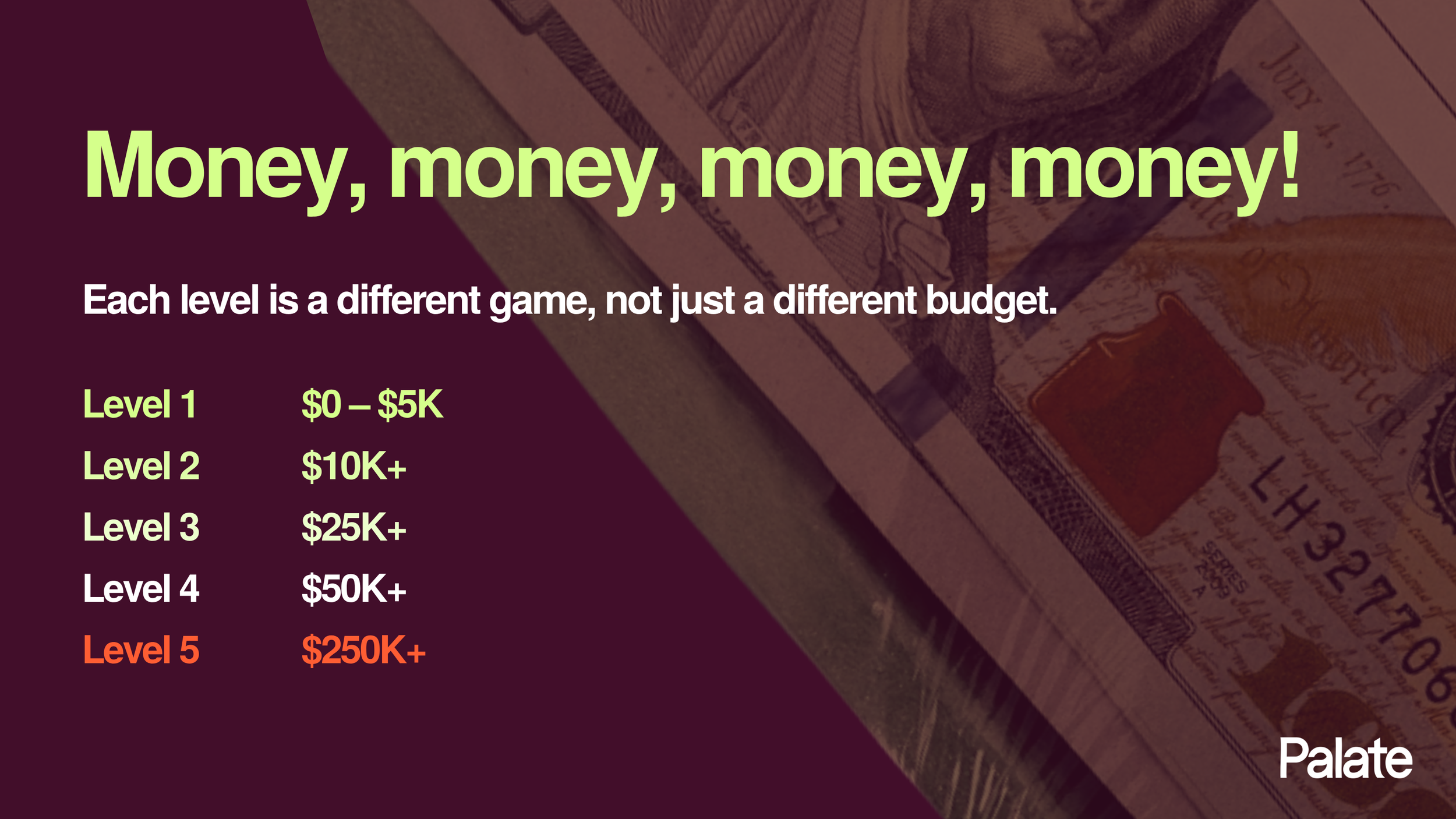 Music marketing budget framework showing five campaign levels ranging from $0–$5,000 to $250,000 and above.